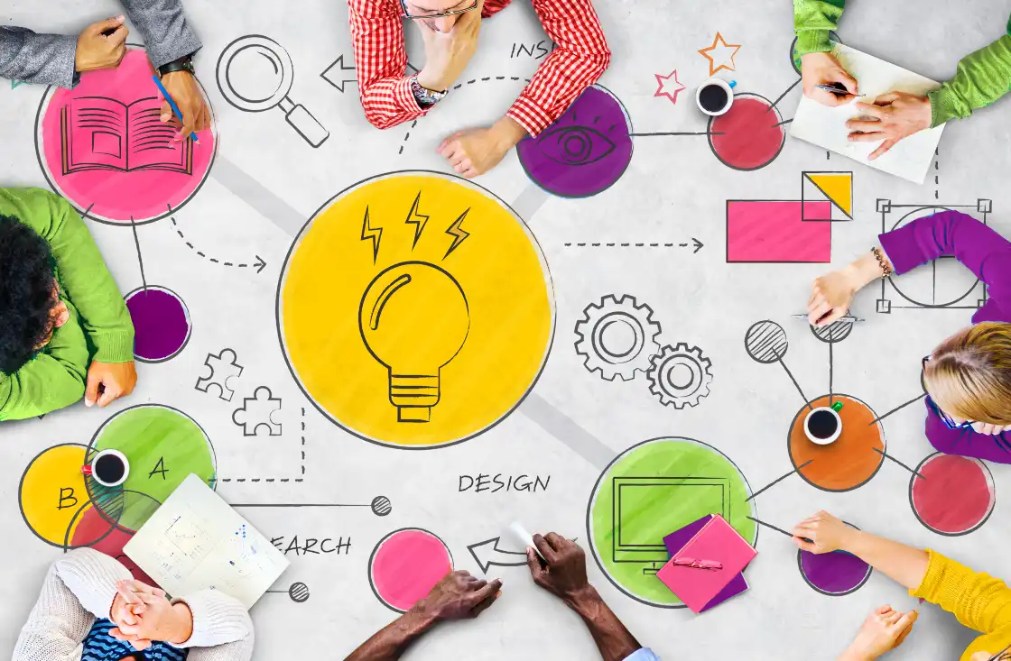 Digital marketing team collaborating around a table